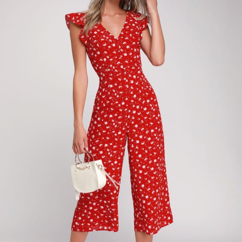 NWT Lulus Red Floral Jumpsuit